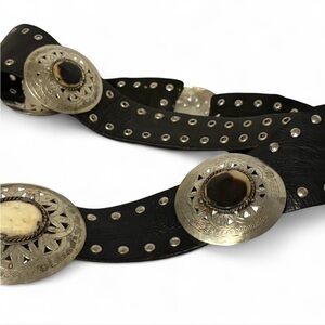 Chicos Black leather belt with silver buckles and bone detailing